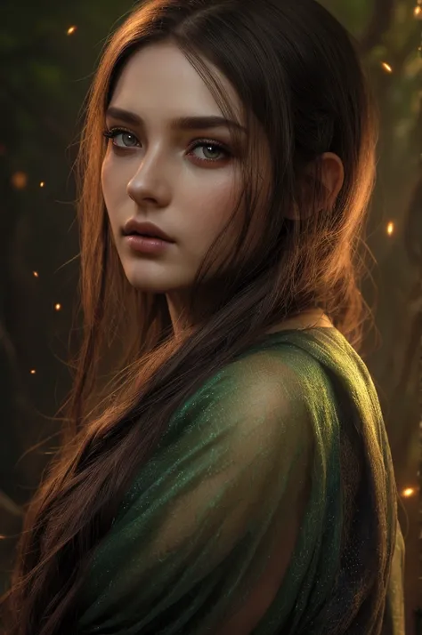 a guardian of the deep forest, beautiful detailed eyes, beautiful detailed lips, extremely detailed face and eyes, longeyelashes, female protagonist, serene forest, magical glowing fireflies, mystical atmosphere, dramatic lighting, vibrant colors, cinemati...