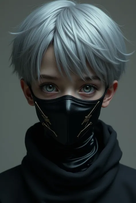 A Boy with Grey hair with a black mask with white eyes