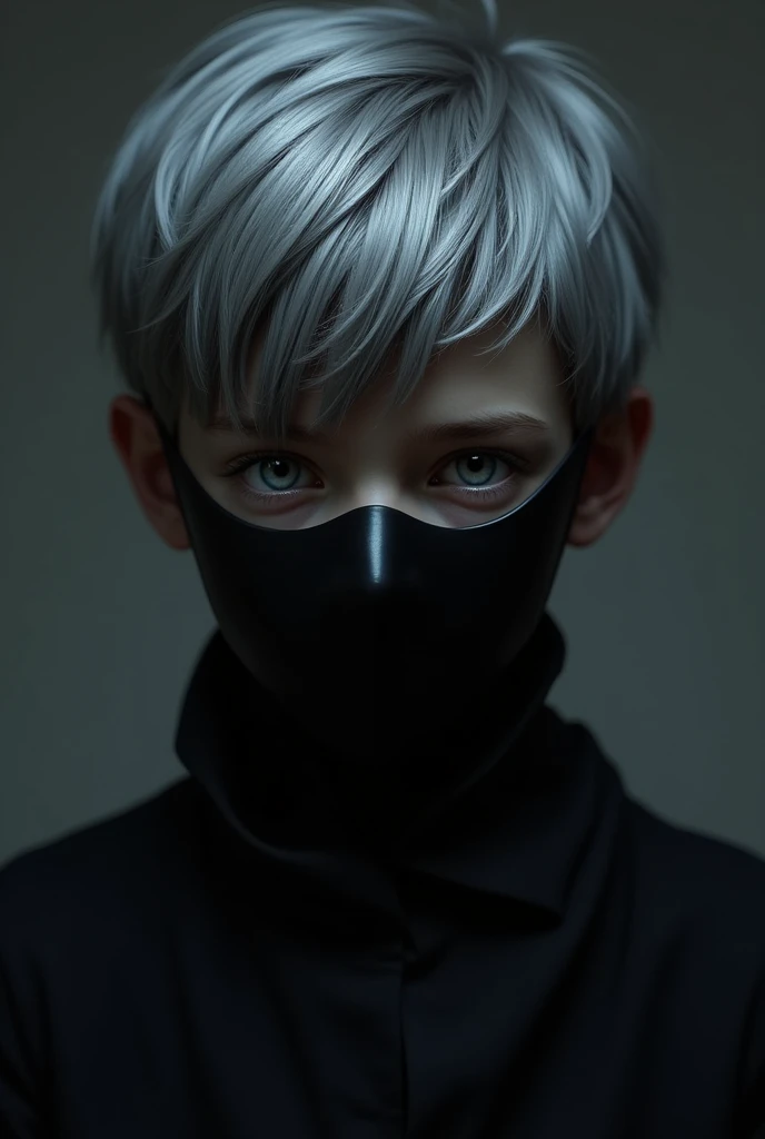 A Boy with Grey hair with a black mask that covers the entire face and with white eyes 