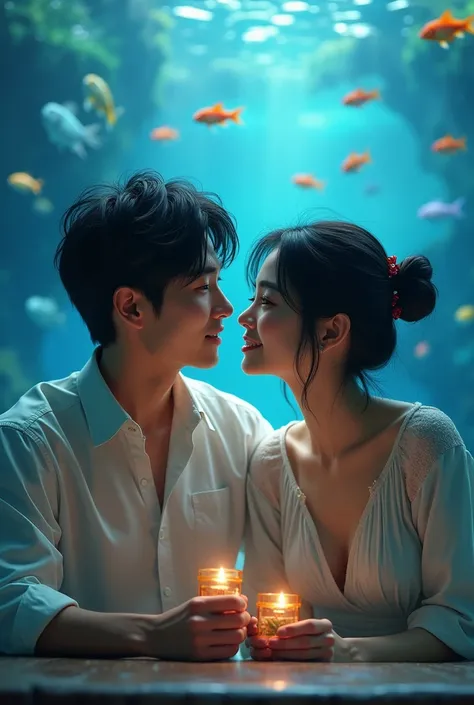 (((Highly detailed face))))(((Highest quality、Masterpiece、Very realistic、Japan male and female couples)))Aquarium Date、romantic、happiness、Embarrassed