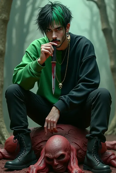 create a male character that looks like an occultist with half green and half black messy hair, with a thin mustache, very light green eyes, half rebellious green sweatshirt black pants and black boots, of accessories, he wears a skull earring dripping wit...