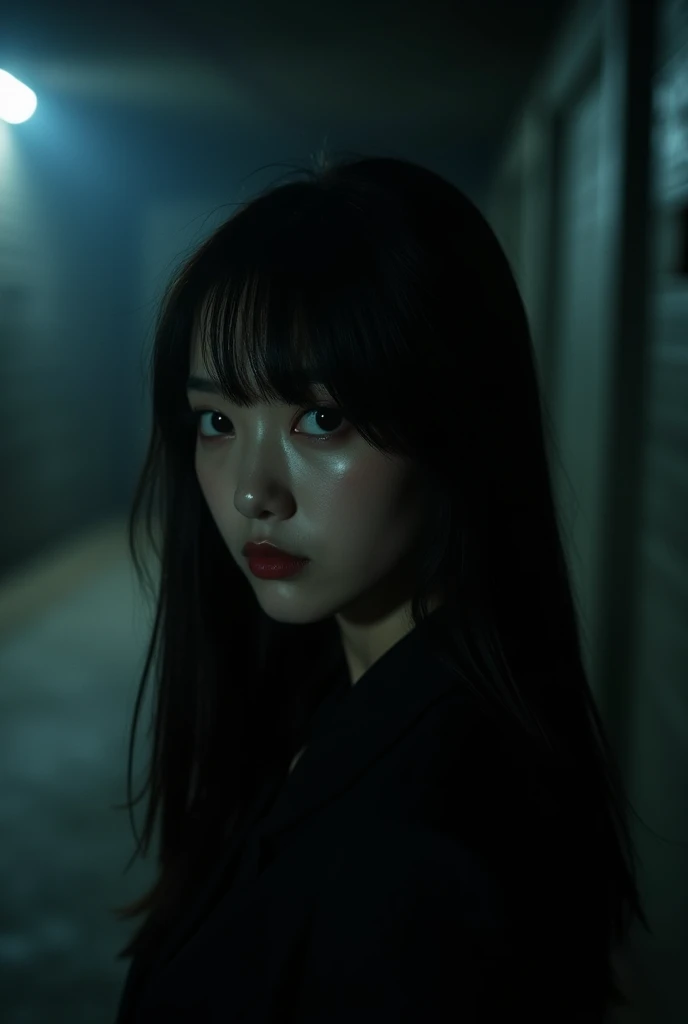 Create a photo of Red Velvet&#39;s Seulgi with straight hair, far away, black and with bangs above the eyebrow in the style of the concept photo of Perfect Night by Lesserafim