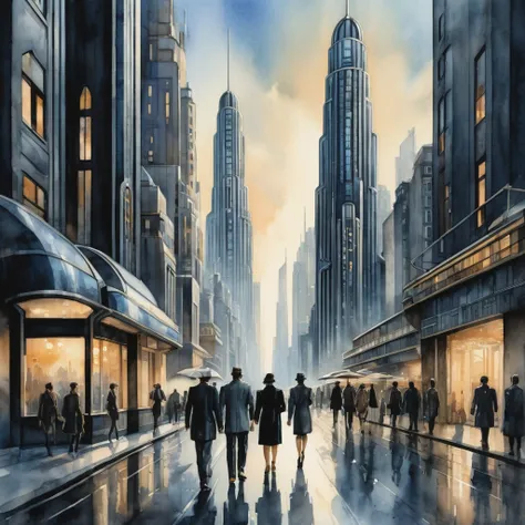 The City, in the art deco style and architecture  a watercolor paintingThe buildings of "THE CITY" tower over people walking on the streets below, a futuristic city with monolithic skyscrapers in the background, a sleek black, cream silver color palette, a...