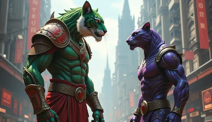 A green tiger-like human warrior in red armor stands next to a panther-like man wearing purple armor near a city