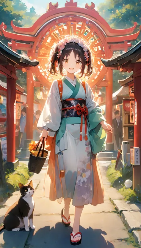 masterpiece, 8k, Very detailed, festival, woman, Cat, fun, smile, walk, shrine, Many torii gates, at festival, Japanese, in the Japanese festival, cute, In a bright and colorful world, anime, Full Body Shot