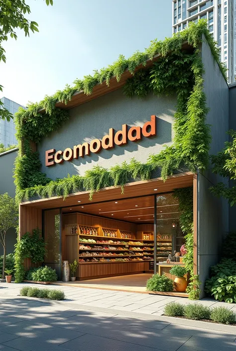 Create an image or the facade of a prototype of an ecological convenience store with the name of the store ECOMODIDAD 