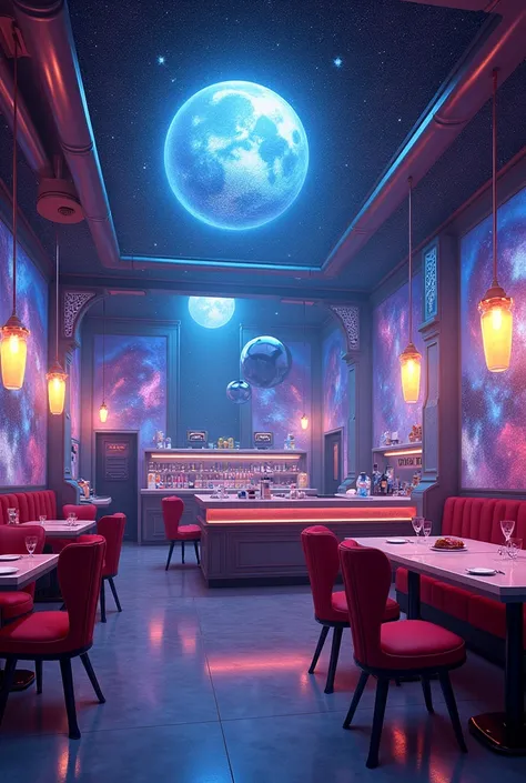 Create an establishment with earthlings with an illusion of universes and aliens, the establishment being a snack bar