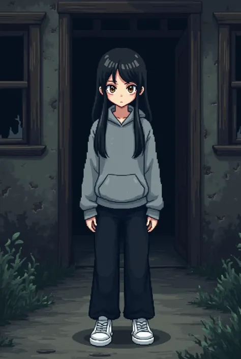 Undertale-style pixel art portrait of a pale, skinny teenage girl with long black hair, brown eyes, and a mature face. She wears wide black pants, a grey hoodie, and white sneakers. The short girl with a small chest looks directly at the viewer, standing i...