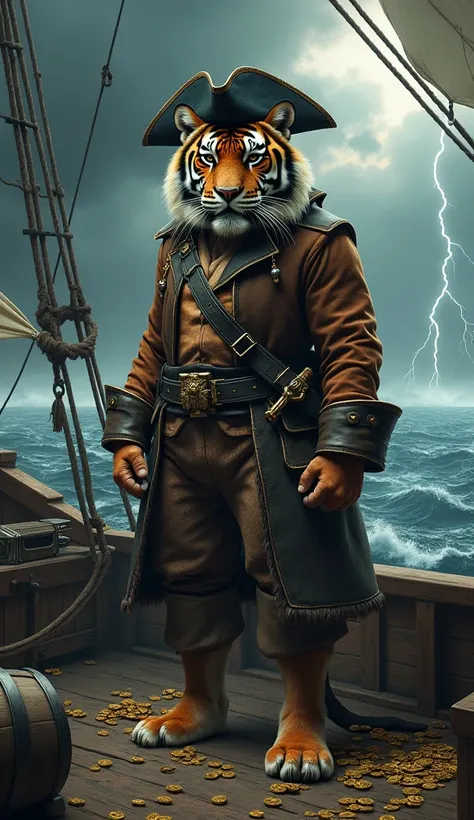 "Create a highly realistic scene of a fierce tiger dressed as a pirate captain. The tiger should wear a weathered pirate coat, a tricorn hat, and an eye patch over one eye. Include a pirate cutlass strapped to its side and a belt with gold coins spilling o...