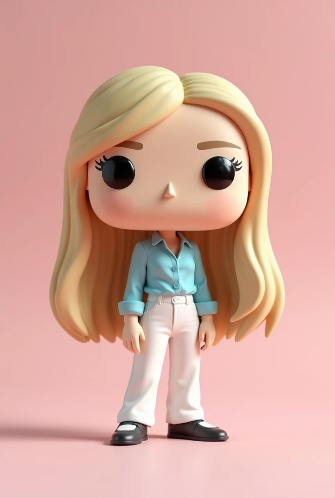 Create a white skin funko pop, with straight blond hair, with a light blue blouse and white pants with the funko pop box on the back written alicia ferreira, with light pink background 