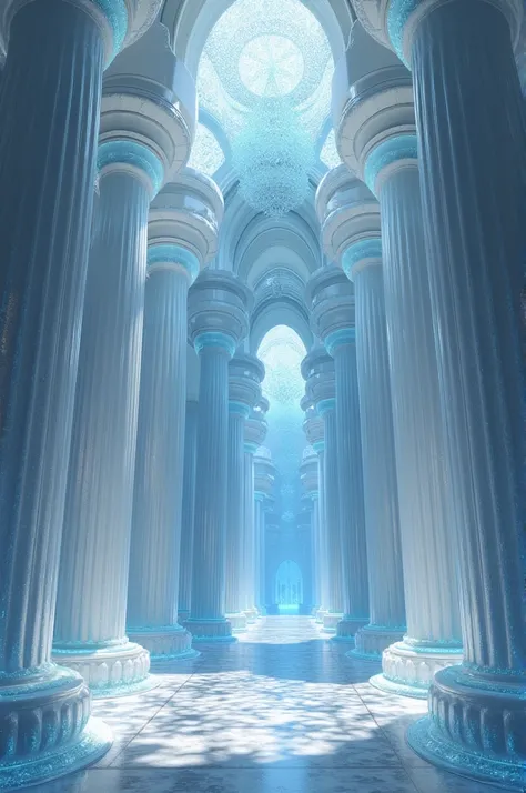 Palace with round pillars the color of fairy wings , like a transparent crystal