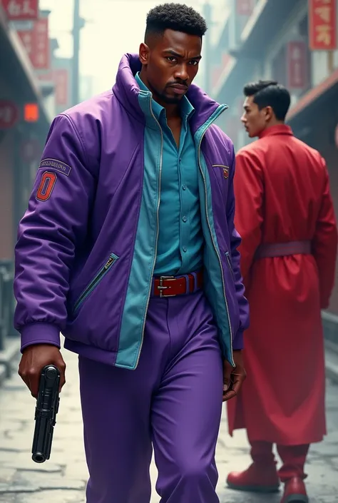 Imagine an African-American man dressed in an outfit that combines purple and light blue.. Her outfit could be a purple jacket with light blue details and matching pants.. In his hand, he carries a gun. He is in a position that suggests he is following som...