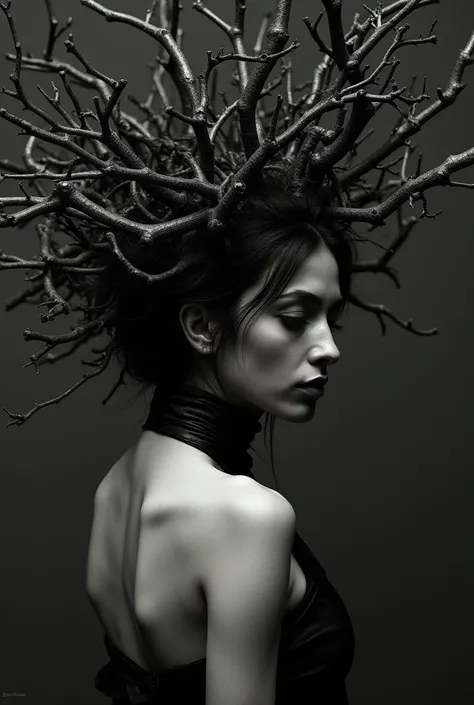 Dark and intricate photography,affected woman with bare back and a bunch of branches, Dark and intricate photography, dark dance photography aesthetic, branches sprouting from her head, by Kathy Horn, inspired by Brooke Shaden, by Johanna Marie Fosie, bran...