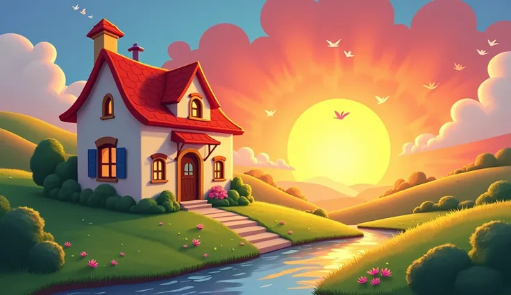 ((best quality)), ((masterpiece)), (detailed), A bright sunrise over a cartoon house