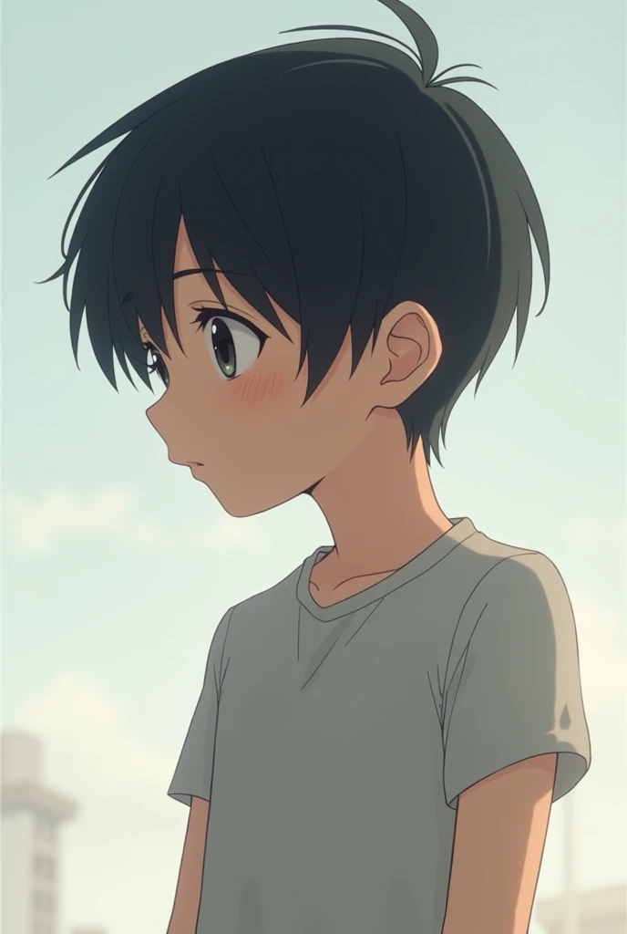 1 short hair anime boy, looking at a profile 