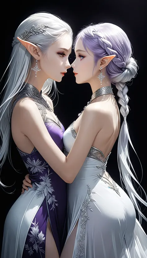 (Lillian Bassman Style:1.3),realist,(masterpiece, best quality, Official Art, beauty, Goethe, tokyo ghoul style:1.2),Very detailed,Fractal Art,Gorgeous,Zentangle,(Face to Face),yinji,Purple Hair,Purple Eyes,long hair,white hair,Double braid,Gradient hair,J...