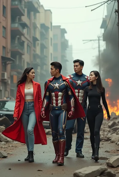 2 beautiful Korean women in bright casual clothes and 3 handsome Asian men in Marvel Avengers superhero costumes in dead city and burning cars background Full HD 64K, real. .