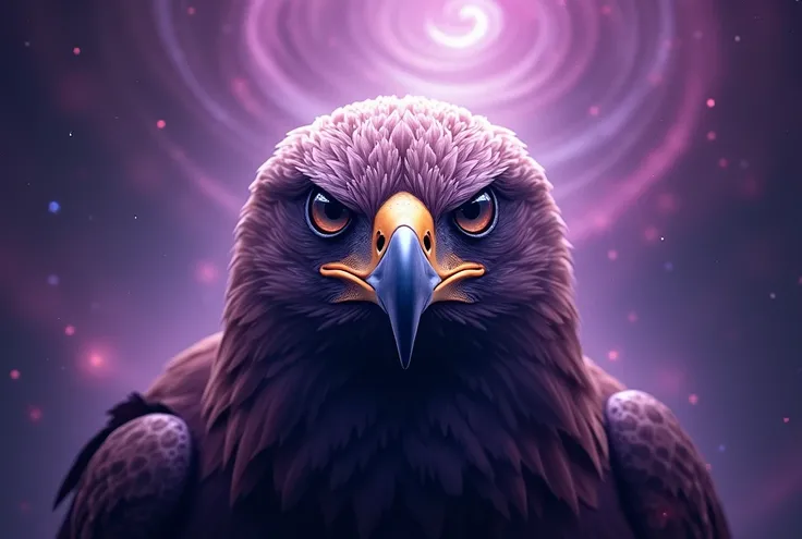 Face of an eagle, with a purple background like stars and rays as if it were a galaxy, create image in Full HD 