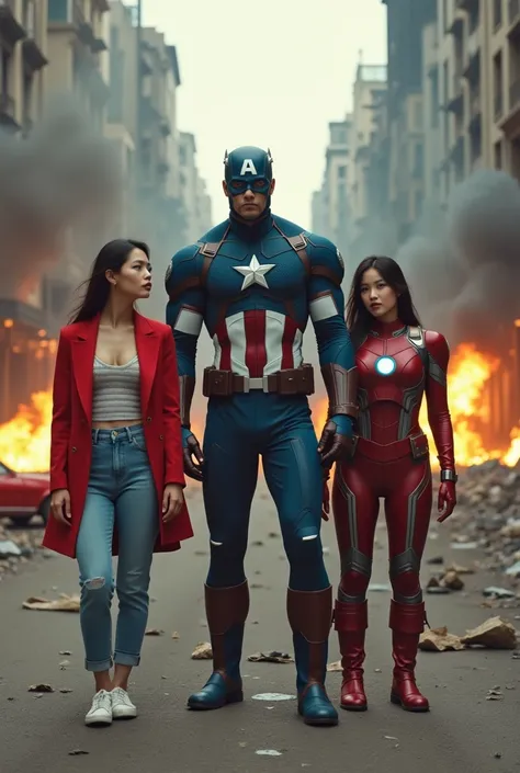 2 beautiful Korean women in bright casual clothes and 3 handsome Asian men in Marvel Avengers superhero costumes in dead city and burning cars background Full HD 64K, real. .