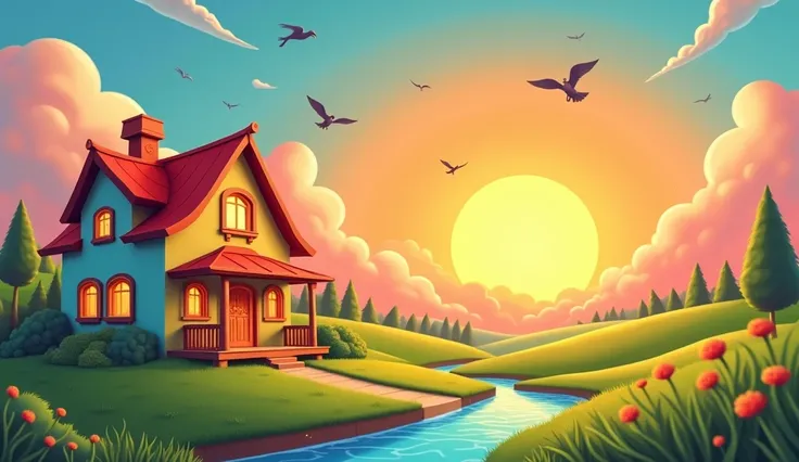 ((best quality)), ((masterpiece)), (detailed), A bright sunrise over a cartoon house