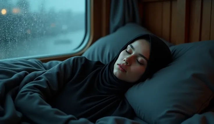 Beautiful woman sleeping in ship&#39;s room, rainy night on a cruise ship, black hijab woman sleeping in rain cruise ship window