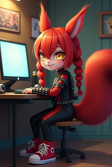 Squirrel boy with red long hair braided into two ponytails, with red squirrel ears, cute face with left yellow eye and right blue eye, under the left eye is a tattoo in the form of a black heart, with a fluffy red squirrel tail,  in a translucent black and...