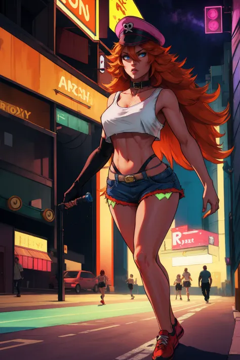 roxy,orange hair,blue eyes,long hair,white crop top,single elbow glove,collar,short red shorts, peaked cap, whole body, walking, nice shoes, looking at viewer ,night,neon lights,streets, (insanely detailed, masterpiece, best quality),