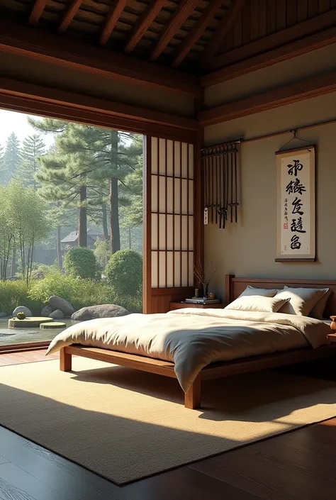 Bedroom arranged in the theme of the game Ghost of tsushima with bed