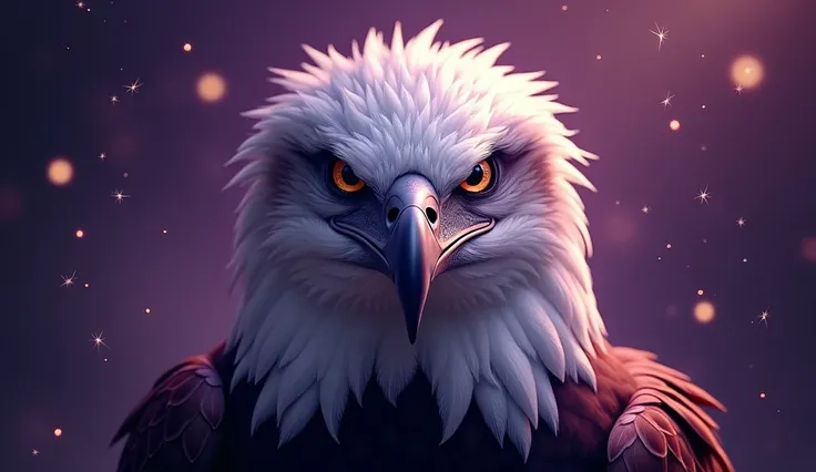 Create an image with an eagle face, with a purple background highlighted with star sparkles 