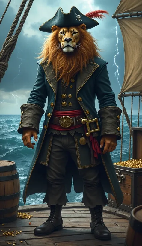 "Create a highly realistic image of a powerful lion dressed as a pirate captain. The lion is wearing a weathered pirate coat adorned with gold buttons, a dark tricorn hat with a feather, and a large, ornate cutlass hanging from its belt. One of its eyes is...