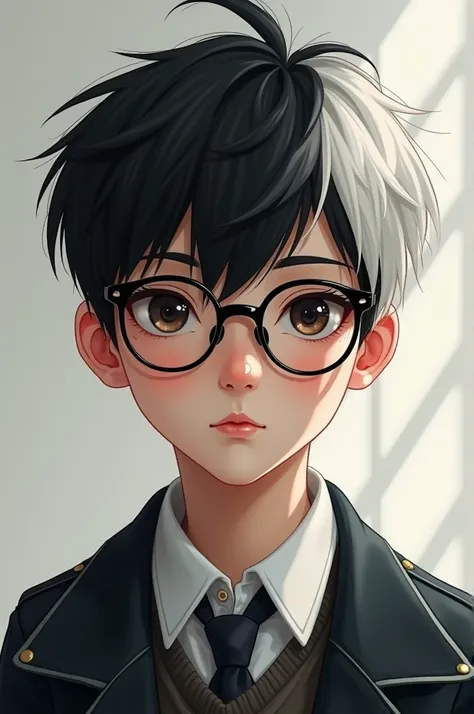 A cute  boy with black hair and white hair, smart, with glasses, Chinese eyes, tall 