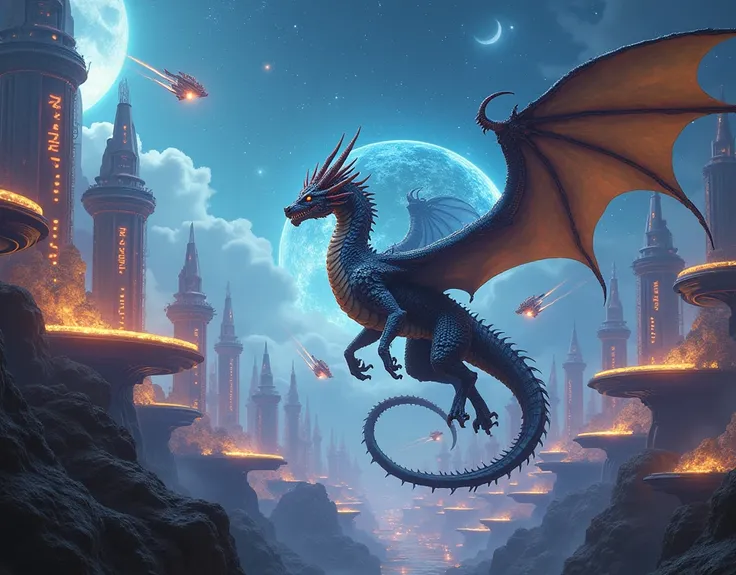 Imagine an awe-inspiring scene portraying various types of dragons in a futuristic setting. These majestic creatures of myth and folklore have evolved, adapting to the environment. Some might appear mechanized, with metallic scales and LED lights shimmerin...