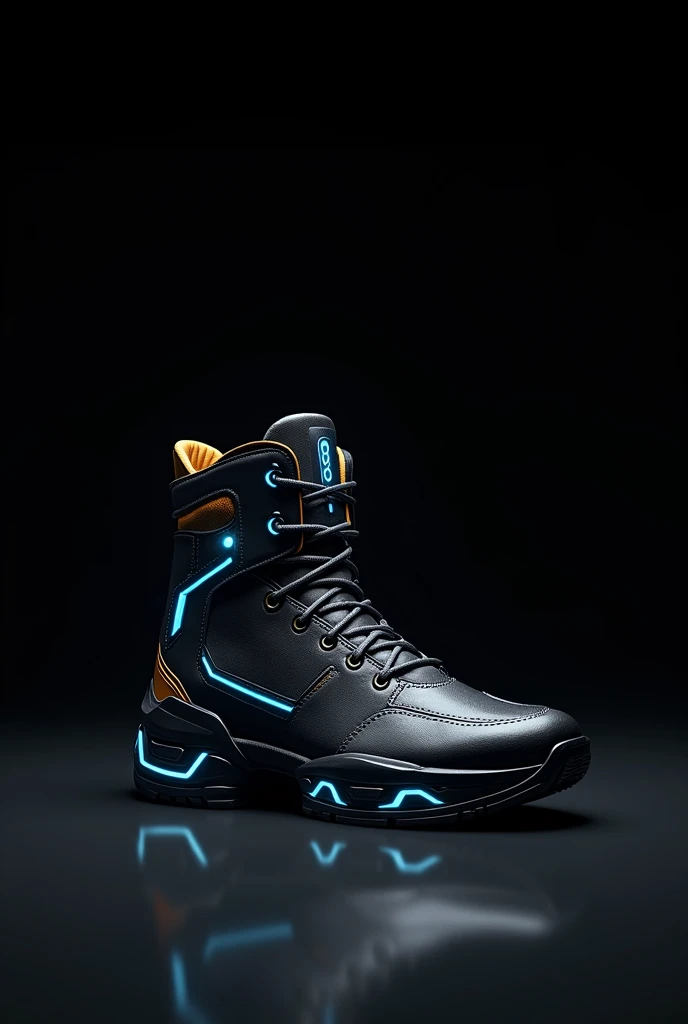 Make a futuristic black Japanese lightweight boot with blue and gold details. Must be on a black background as an in-game item