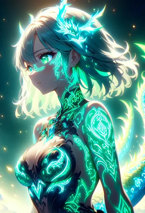 anime screenshots、artistic anime illustration of a girl adorned with thick, glowing neon dragon tattoos on her body and face。the...