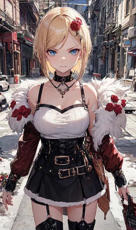 Abandoned industrial city in winter background,(White and light red,：2.0),Issued card,Standing in close-up,Dream world,Facial blemishes,(((Blonde Hair))),(((Short hair up to the shoulders))),(((Center-parted bangs))),(((Black rose hair ornament))),(((Angry...