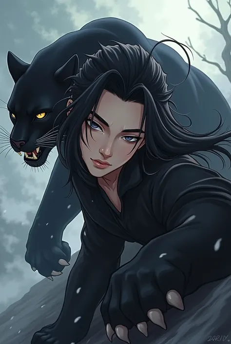 An anime boy with long black hair, piercing, slanted eyes, He is Asian but very masculine. He has a very pale complexion. in three quarters, next to a black panther in hunting position