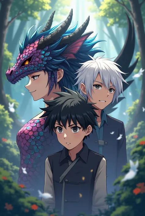 A Demi-human dragon girl , a black haired human boy and a white haired elf boy anime style 