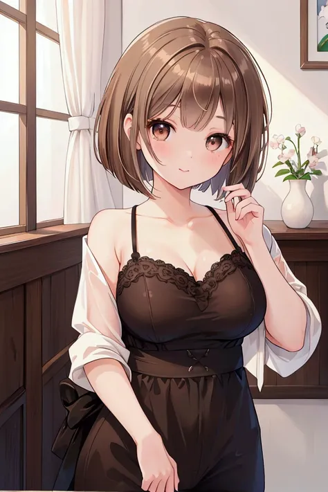 Photorealistic、Highest quality、Highest Resolution、Highest quality、16Ｋ、1 beautiful adult woman、Cute face、Delicate face、Bob cut hair、Ash brown hair color、Brown eyes、Delicate eyes、Beautiful Eyes、Beautiful breasts、Big Breasts、Casual clothing、