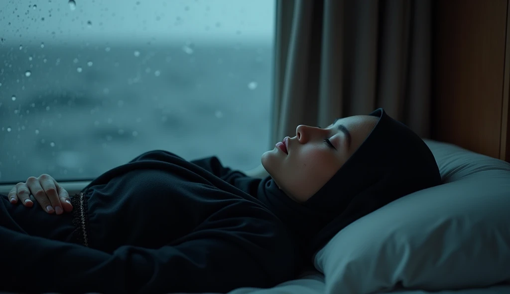 Beautiful woman sleeping in ship&#39;s room, rainy night on a cruise ship, black hijab woman sleeping in rain cruise ship window. Glass