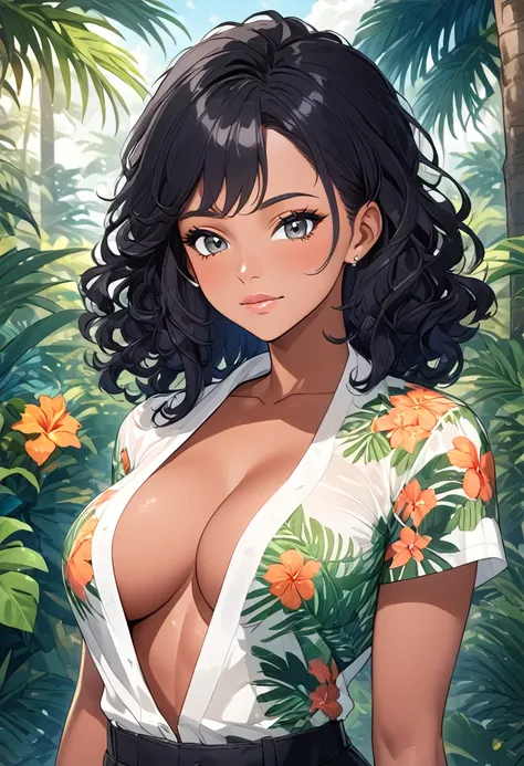 a brazilian woman , anime styling. in a lush tropical garden, wearing an open shirt with a floral print, with a close-up capturi...