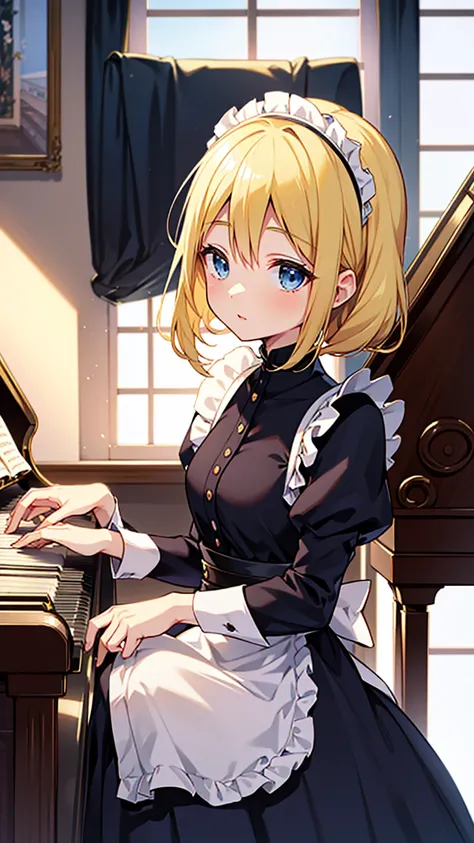 an anime drawing about a young blonde lady, blue eyes, dressed with a black maid dress, playing the piano on a huge and rich old...