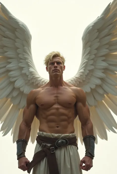 Create a bust image of a strong blond man, with huge, open white wings, with the appearance of a warrior. Horizontal image.