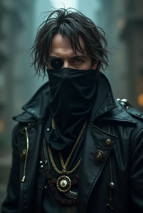 A man with messy hair, a black mask with one eye and accessories and super powers 
 