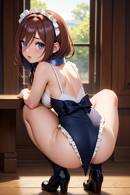 beautiful girl, long eyelashes, blue eyes, with headphones around the neck, caramel colored hair (dark) , (disheveled hair tilted to the left), (high), (very voluptuous anatomy), View from behind crouching with legs open, in a maid outfit, maid. 