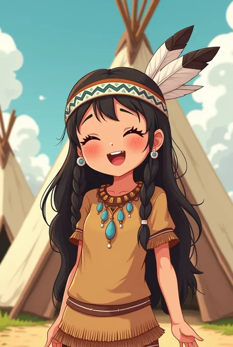 old cartoon, cute Indian girl, winking, head band, bird feathers on head, teepee, (anime manga cartoon illustration)-style