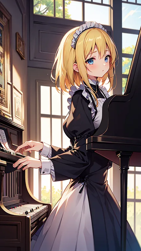 an anime drawing about a young blonde lady, blue eyes, dressed with a black maid dress, playing the piano on a huge and rich old...