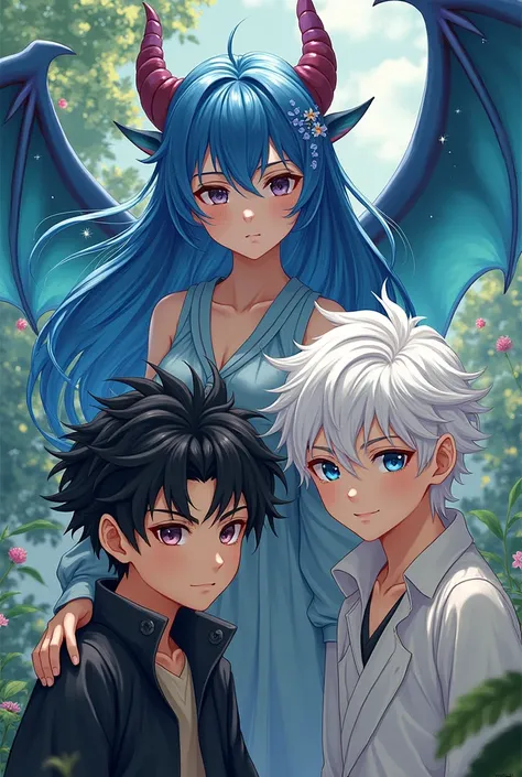 A Demi-human dragon girl , a black haired human boy and a white haired elf boy anime style 