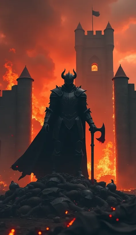 In front of a large, burning medieval castle, a mysterious black knight stands before a pile of bodies of defeated soldiers. The gate is open, revealing more destruction within the walls, as towers crumble in flames. The knight holds a bloody axe, and smok...