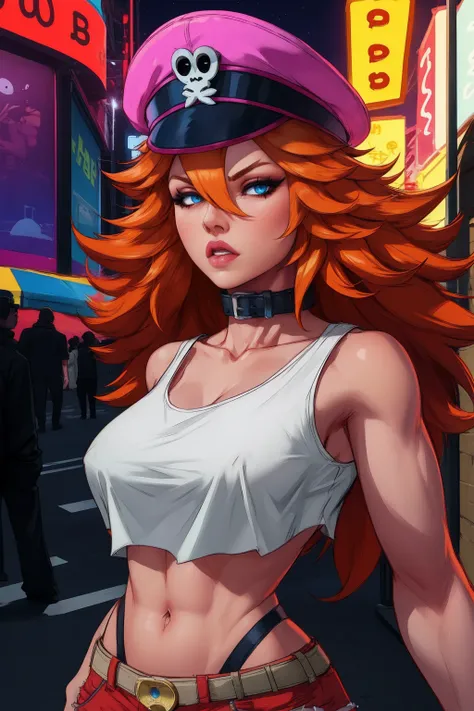 roxy,orange hair,blue eyes,long hair,white crop top,single elbow glove,collar,short red shorts, peaked cap, upper body, blinking, sending a kiss, looking at viewer ,night,neon lights,streets, (insanely detailed, masterpiece, best quality),