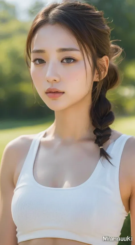 ((Highest quality, 8k, masterpiece :1.3)), One girl, Beautiful woman with slim abdominal muscles :1.3, (Random Hairstyles :1.2), Oversized tank top :1.2, Highly detailed face, Detailed eyes, double eyelid, see-through silhouette